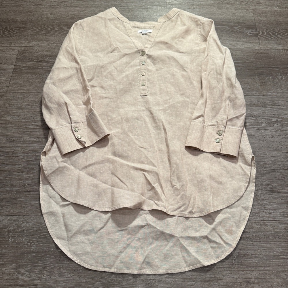 Chicos Tunic Shirt Womens 1 M Beige 100% Linen Henley V Neck High Low Costal